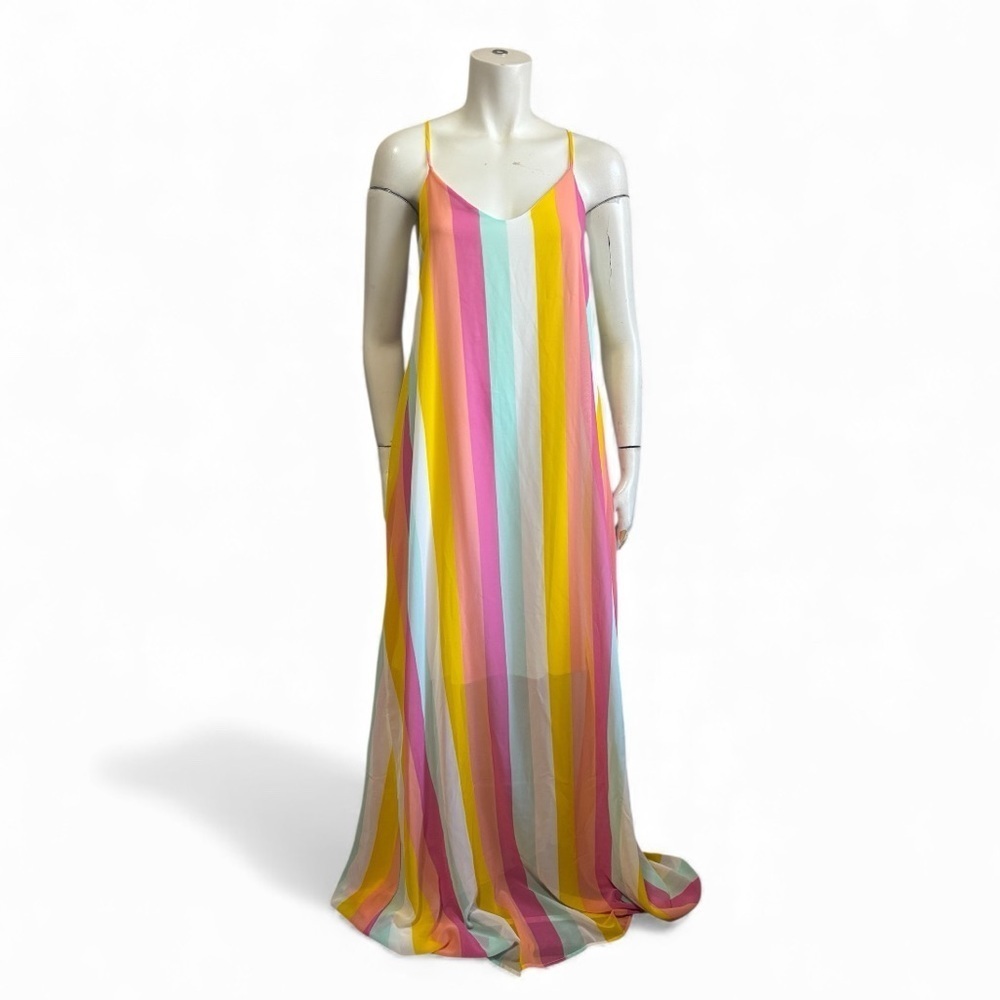 Pastel Rainbow Stripe Maxi Dress Low Back Resort Glam Vacation Cover Up Medium - Picture 3 of 14